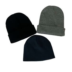 Men’s Beanie Hat Lot of Three One Size Black Gray Navy Knit Winter Caps Warm